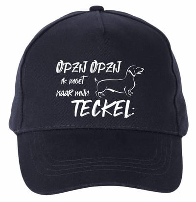 Mijncadeautje - 5 panel - Cap - Verstelbaar - Pet van 100% dik geborsteld katoen- unisex - opdruk wit - opzij opzij naar mijn teckel - navy blauw