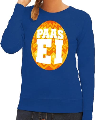 Blauwe Paas sweater met oranje paasei - Pasen trui voor dames - Pasen kleding XS