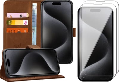 Hoesje geschikt voor iPhone 15 Pro - 2x Screen Protector GlassGuard - Book Case Kunstleer Pasjeshouder Bruin & Screenprotector