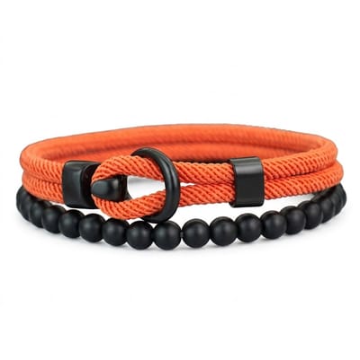 Set van 2 heren armbanden – oranje koordarmband met lus en zwarte kralenarmband