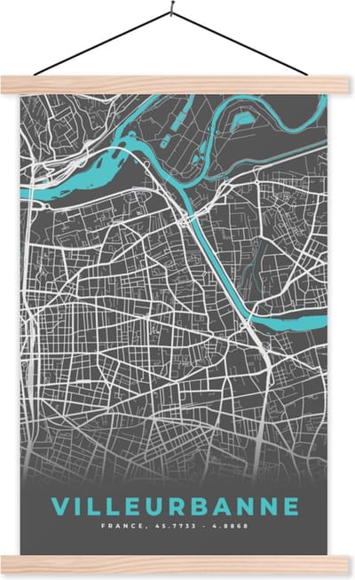 Posterhanger incl. Poster 40x60 cm - Schoolplaat - Villeurbanne - Stadskaart - Kaart - Plattegrond - Frankrijk - Textielposter - Blanke latten - Stadskaart