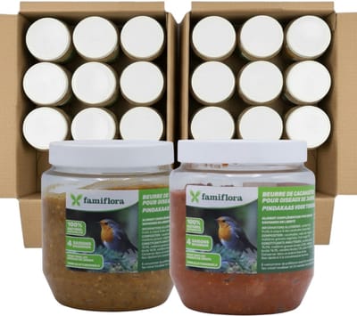 Famiflora vogelpindakaas fruit 12x350GR bosvruchten + 12x350GR appel - 24 potten pindakaas voor vogels (8.4KG) - Geschikt voor alle tuinvogels - Voeder het hele jaar door
