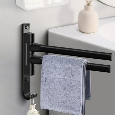 Famanu – Draaibare handdoekhouder, zelfklevend en zonder boren, voor badkamer en keuken, dubbele handdoekhouder