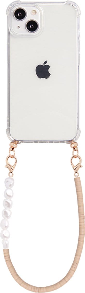 Casies hoesje geschikt voor Apple iPhone 13 met koord - Parel en Bruine Kralen Mix Ketting - Short Size - Cord Case Pearl Nude Brown