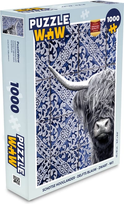 Puzzel Schotse hooglander - Delfts blauw - Zwart - Wit - Legpuzzel - Puzzel 1000 stukjes volwassenen