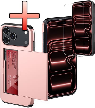 Hoes Geschikt voor iPhone 17 Pro Max Hoesje Pasjeshouder Hard Cover Met Screenprotector Shock Proof Hard Case Hoes Met Kaarthouder - Rosé goud