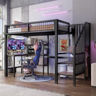 Pugsdrly - Hoogslaper 90 x 200 cm - IJzeren bed - Onderstel - Meerdere legplanken - Zonder matras - Inbouwkast - Zwart