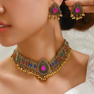 Vintage Dubai Indiase Kwast Kralen Hanger Sieradensets voor Vrouwen Kleurrijke Kristallen Ketting Oorbellen Afrikaanse Sieradenset brown