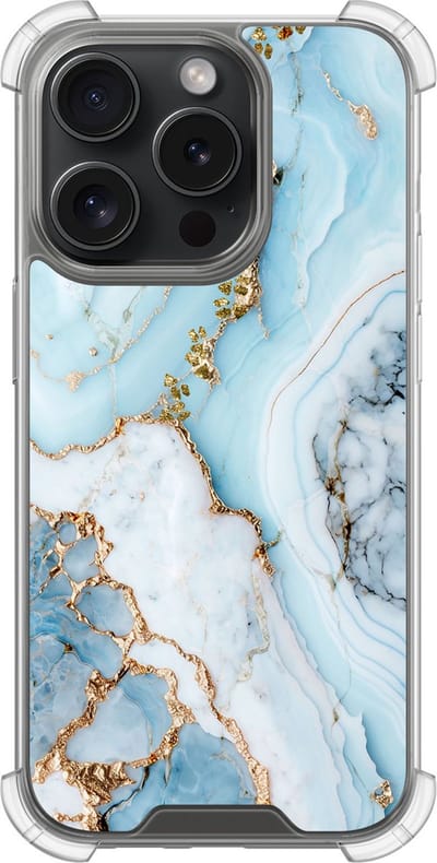 Shockproof hoesje - Geschikt voor iPhone 15 Pro - Marmer babyblauw - Extra sterke case - TPU/polycarbonaat - Marmer - Blauw, Transparant
