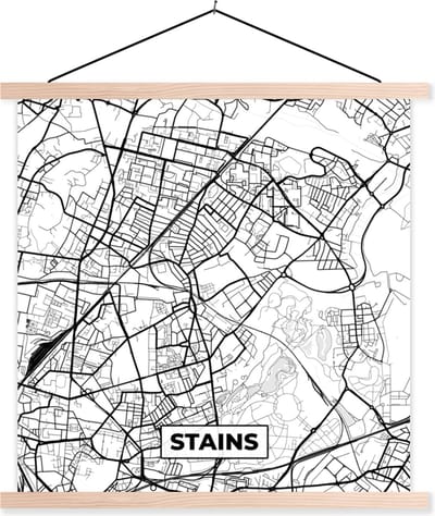Posterhanger incl. Poster 40x40 cm - Schoolplaat - Stains - Plattegrond - Kaart - Frankrijk - Stadskaart - Zwart wit - Textielposter - Blanke latten - Stadskaart