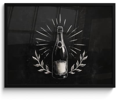 Poster in lijst - Fotolijst 80x60 cm - Posters - Champagnefles - Lauriertakken - Zwarte achtergrond - Posterlijst zwart - Decoratie - Wanddecoratie woonkamer - Muurdecoratie slaapkamer