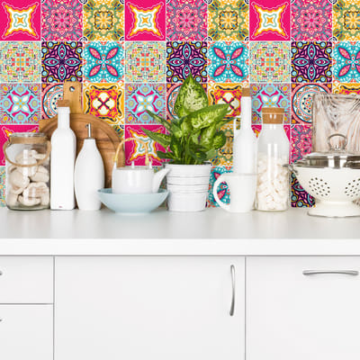 Zelfklevende tegelmuurstickers voor keuken en badkamer - 9 cementtegelstickers, Azulejos Alida - 9 stickers, 10x10cm