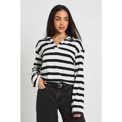 boohoo Dames Gestreepte Geborstelde Rib Rugby Top | Black/White | Maat: 6