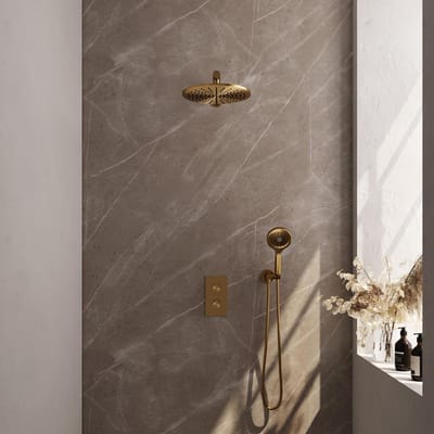 Brauer Gold Carving Thermostatische Regendoucheset Inbouw - Hoofddouche 30 cm - Rechte Wandarm - 3 Weg - Handdouche 3 Standen - Doucheslang - Wandaansluitbocht - Geborsteld Goud
