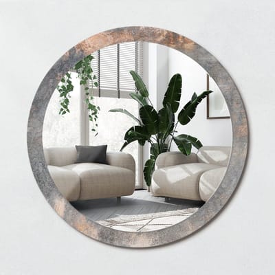 Wallfluent Bedrukte Ronde Spiegel - Ronde Spiegel Lijst Met Print Vintage Beton - 100 cm / 86 cm - Grijs - Grijs Ronde Spiegel Met Print - Inloopkastspiegel - Badkamerspiegel - Toiletspiegel - Wandmontage
