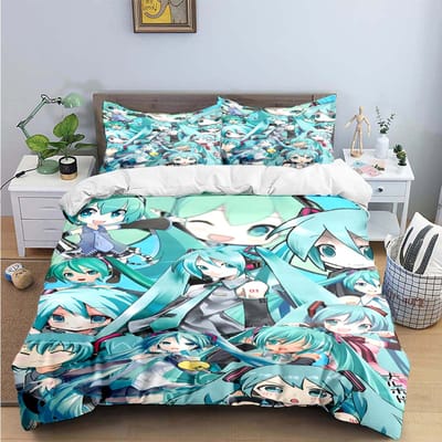 Dessin Animé Kawaii Chanteuse Virtuelle H-Hatsune-Miku Parures de Lit Ensemble de Linge de Lit Housse de Couette Ensemble Couette de Lit Ensemble de Linge de Lit Cadeau 150*200cm 3pcs