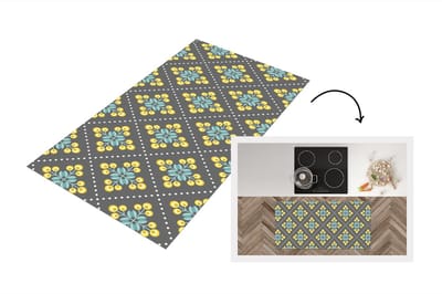 Keukenloper 120x60 cm - Keukenmat vinyl Design - Ruit - Bloemen - Grijs - Keukenmatten loper - Keuken vloerkleed tapijt