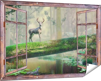 Gards Tuinposter Doorkijk Hert in het Bos op een Boom - 150x100 cm - Tuindoek - Tuindecoratie - Wanddecoratie buiten - Tuinschilderij