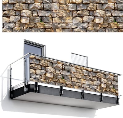 Balkonscherm 300x80 cm - Balkonposter Stenen - Beige - Grijs - Planten - Balkon scherm decoratie - Balkonschermen - Balkondoek zonnescherm