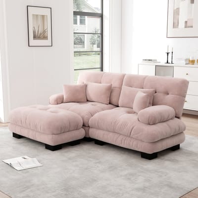 Cloud Ecksofa voor woonkamer, Chenille hoekbank met 2 lendenkussens en 2 decoratieve kussens, gepolst bank met brede armleuningen en ottomane, Chenille roze
