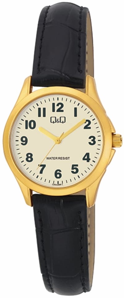 Q&Q-Dames horloge-duidelijke wijzerplaat-goudkleurig-30MM-Zwart lederen band.
