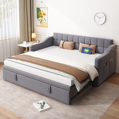 STILVORA Gestoffeerd bed 90x190 cm – 2-in-1 Uittrekbaar Slaapbank Met USB-poorten en Opbergruimte – Uitbreidbaar 90-180 cm Voor Kleine Woningen – Fluweel – Zonder matras – Grijs
