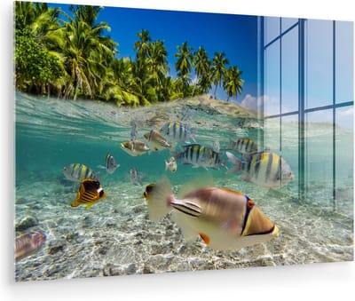 MuchoWow® Glasschilderij 150x100 cm - Schilderij acrylglas - Strand - Vissen - Tropisch - Foto op glas - Muurdecoratie woonkamer - Wanddecoratie slaapkamer - Schilderijen