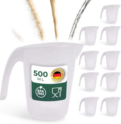 Novaliv Voordeelset 10x Maatbekers 500ml, Maatbeker 0,5l Set transparant met duidelijke g/ml schaalverdeling voor vloeistoffen bloem & suiker, Gemaakt in Duitsland, Vaatwasserbestendig, Mengkom Container groot klein