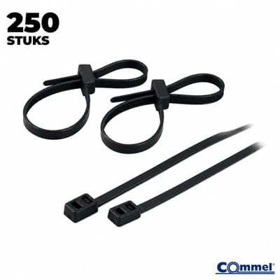 250x Commel Kabelbinders met Dubbele Sluitkop - 200 x 4.8 mm - Zwart - Nylon - Treksterkte 22kg