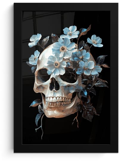 Poster in lijst - Fotolijst 20x30 cm - Posters - Schedel - Blauw - Bloemen - Bladeren - Posterlijst zwart - Decoratie - Wanddecoratie woonkamer - Muurdecoratie slaapkamer