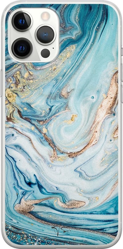 Hoesje geschikt voor iPhone 12 Pro Max - Marmer blauw goud - Soft Case - TPU - Marmer - Blauw - Mooie Telefoonhoesjes