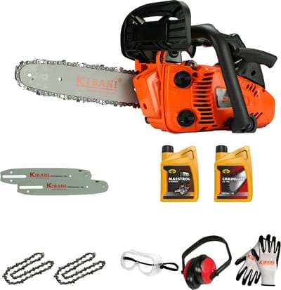 Kibani Kettingzaag Benzine - Incl. 2 kettingen, 2 zaagbladen, 2-takt Olie, Kettingolie, Veiligheidsbril, Gehoorbeschermer en Handschoenen - 25.4 cc / 1 pk 2-takt Motor - Easy-Startsysteem - Snoeizaag - Accessoires Pakket incl. Olie