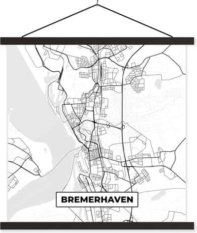 Posterhanger incl. Poster 60x60 cm - Schoolplaat - Plattegrond - Bremerhaven - Kaart - Stadskaart - Textielposter - Zwarte latten - Stadskaart