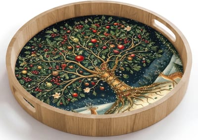 Dienblad rond 40x40 cm - Schootdienblad hout - Feestboom - Winterhemel - Kleurrijk - Borrelplank rechthoek - Plateau houten dienbladen