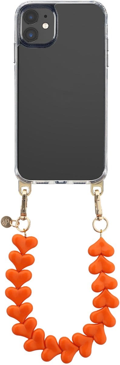 Selencia Transparant Hoesje met Haakjes inclusief Hartjes Polskoord - Geschikt voor Apple iPhone 11 - Oranje