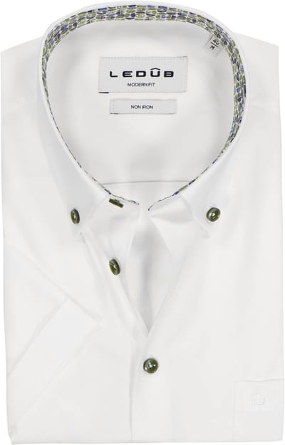 Ledub modern fit overhemd - korte mouw - popeline - wit - Strijkvrij - Boordmaat: 38 (EU maat: S)