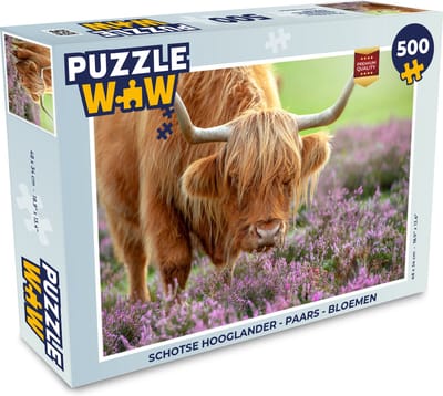 Puzzel Schotse Hooglander - Paars - Bloemen - Legpuzzel - Puzzel 500 stukjes