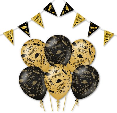 Q2P - You Did It! - Slingers - Ballonnen - Zwart & Goud Set - Geslaagd Versiering - Helium Ballon