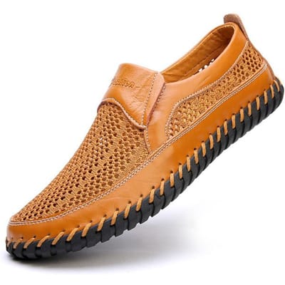 Hoge Kwaliteit Plus Size Leer Heren Sandalen Zomer Ademend Vlieg-Geweven Mesh Casual Schoenen Handgenaaide Leren Schoenen Maat 38 -50 50 beige