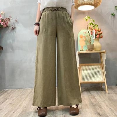 Katoen en Linnen Broek Dames High-waisted Losse Broek Casual Broek Koord Elastische Taille Zomer Dunne Broek Nieuw L kaki