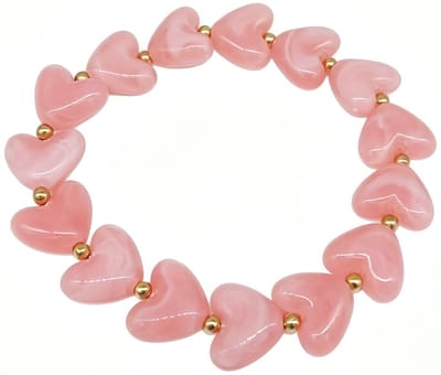 Elastische armband - RVS kralen - hartjes - roze