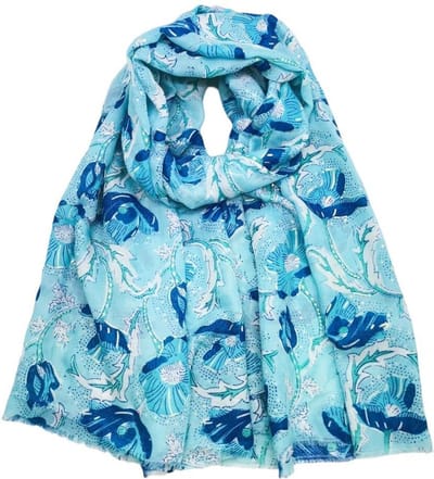 Lange dames sjaal Esther gebloemd motief blauw licht turquoise aqua wit donker mint groen sharon goud