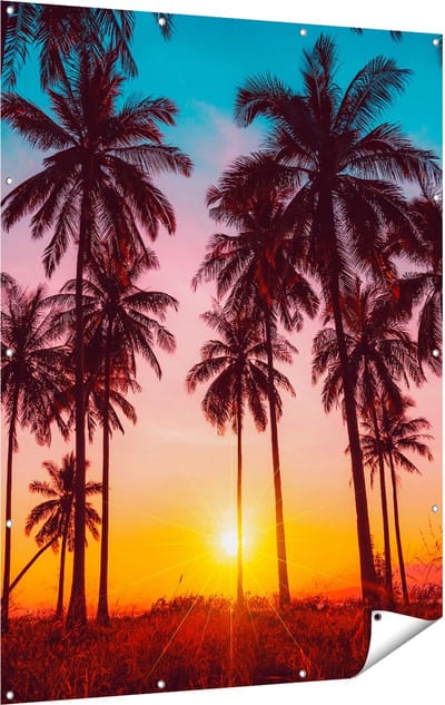 Gards Tuinposter Palmbomen op het Strand bij Zonsondergang - 120x160 cm - Tuindoek - Tuindecoratie - Wanddecoratie buiten - Tuinschilderij