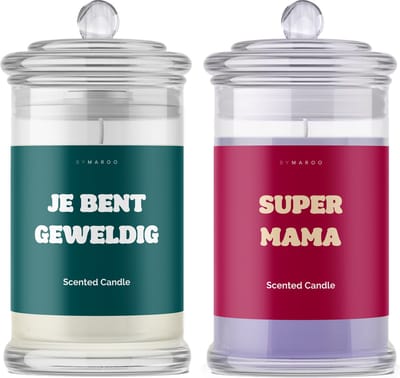 Kaarsen geschenkset Moeder - Super Mama Je Bent Geweldig - Grappige Lavendel & Cotton Geurkaarsen voor Moeder - in Glas met Tekst - Verjaardag Cadeau mama - Geschenkset - Happy Birthday - Verwenpakket Vrouw Cadeautje voor Haar