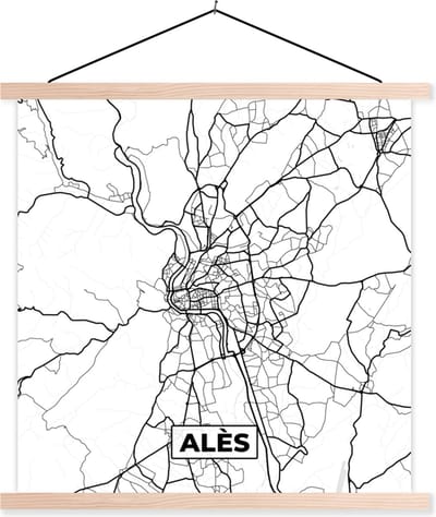 Posterhanger incl. Poster 40x40 cm - Schoolplaat - Alès - Kaart – Plattegrond – Frankrijk – Stadskaart - Zwart wit - Textielposter - Blanke latten - Stadskaart