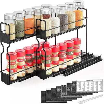 Spice organizer met 2 niveaus, zonder boren, metalen kruidenrek voor een opgeruimde keuken, multifunctioneel en ruimtebesparend ontwerp