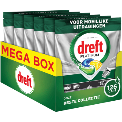Dreft Platinum Vaatwastabletten - Citroen - Krachtig Zelfs Bij Moeilijke Uitdagingen - Reinigt Vette Filters - 6 x 21 Vaatwascapsules