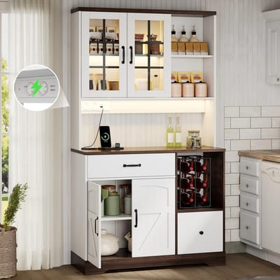 Keukenkast - 185x105x40 cm - Vintage Buffetkast - LED & Stopcontacten - RVS Haken - Hout - Bruin
