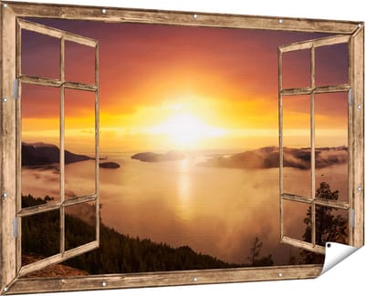 Gards Tuinposter Doorkijk Zonsondergang in de Bergen met Wolken - 180x120 cm - Tuindoek - Tuindecoratie - Wanddecoratie buiten - Tuinschilderij