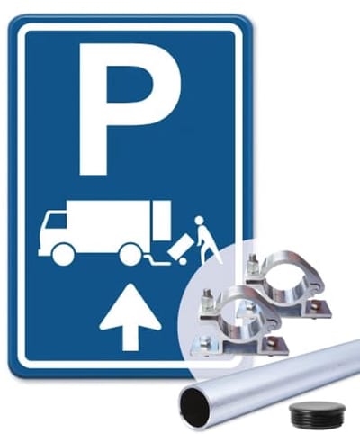 Parkeerbord Laden en Lossen Pijl rechtdoor - blauw - Weerbestendig Aluminium - 30x45 cm - Bevestiging: Met paal 150 cm + paalbeugels + paaldop